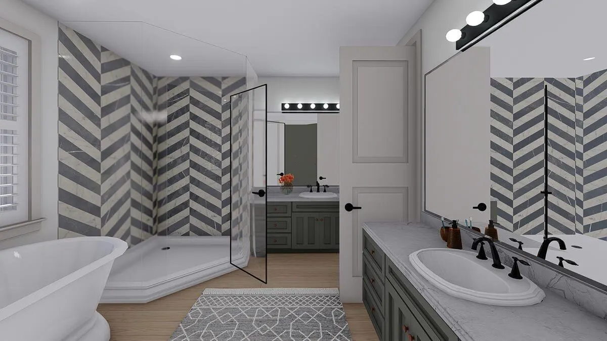 Shower area in the corner with a decoratively patterned wall.