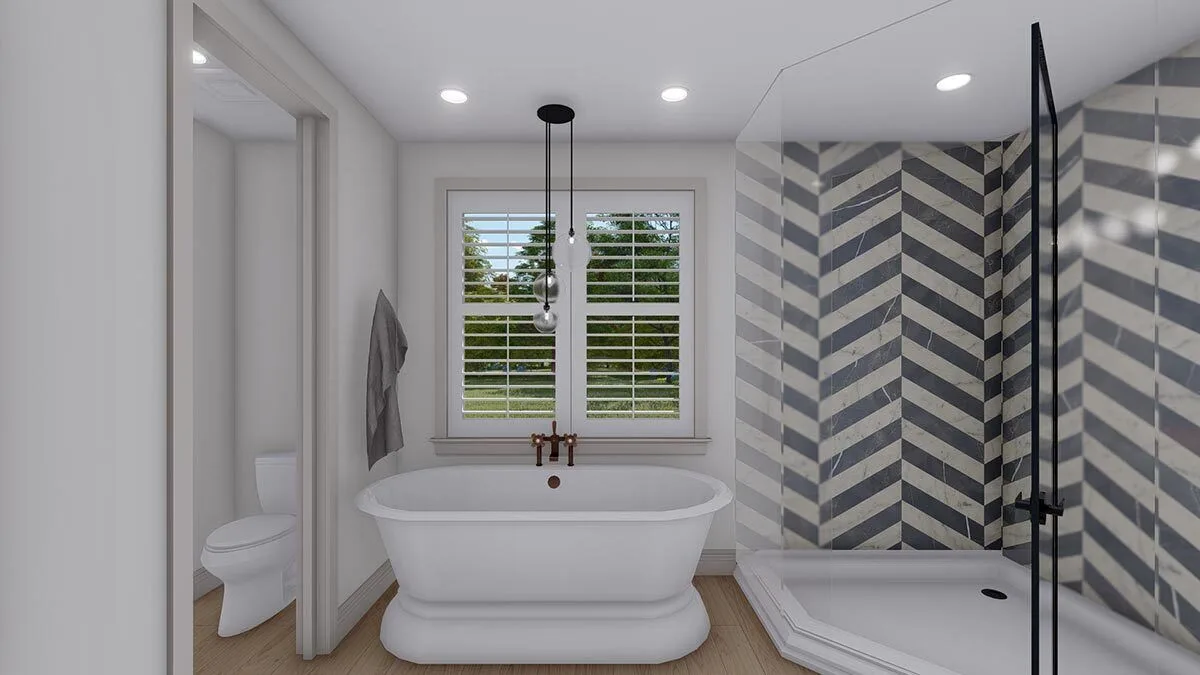 A wooden window with a bathtub close by and lightning above it.