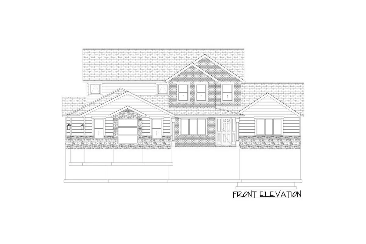 Sketch of the 2-story, 4-bedroom, luxury transitional craftsman home's front elevation.