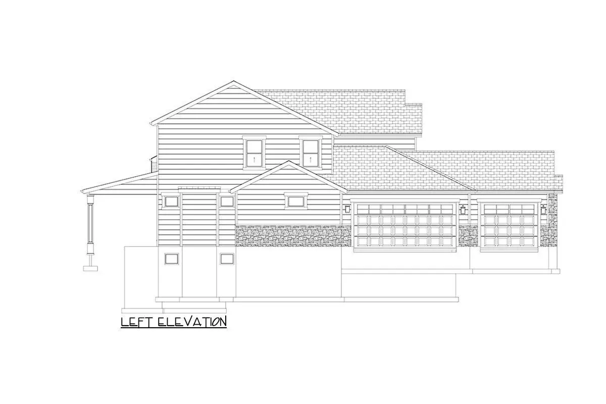 Sketch of the 2-story, 4-bedroom, luxury transitional craftsman home's left elevation.