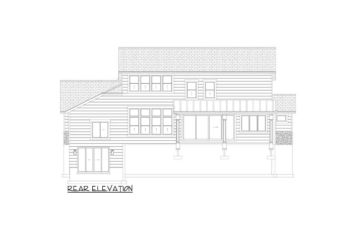 Sketch of the 2-story, 4-bedroom, luxury transitional craftsman home's rear elevation.