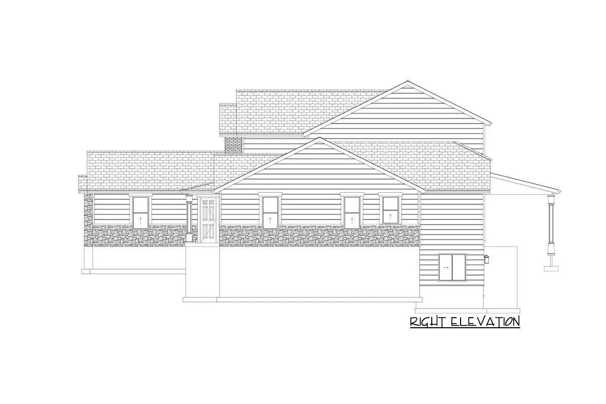 Sketch of the 2-story, 4-bedroom, luxury transitional craftsman home's right elevation.