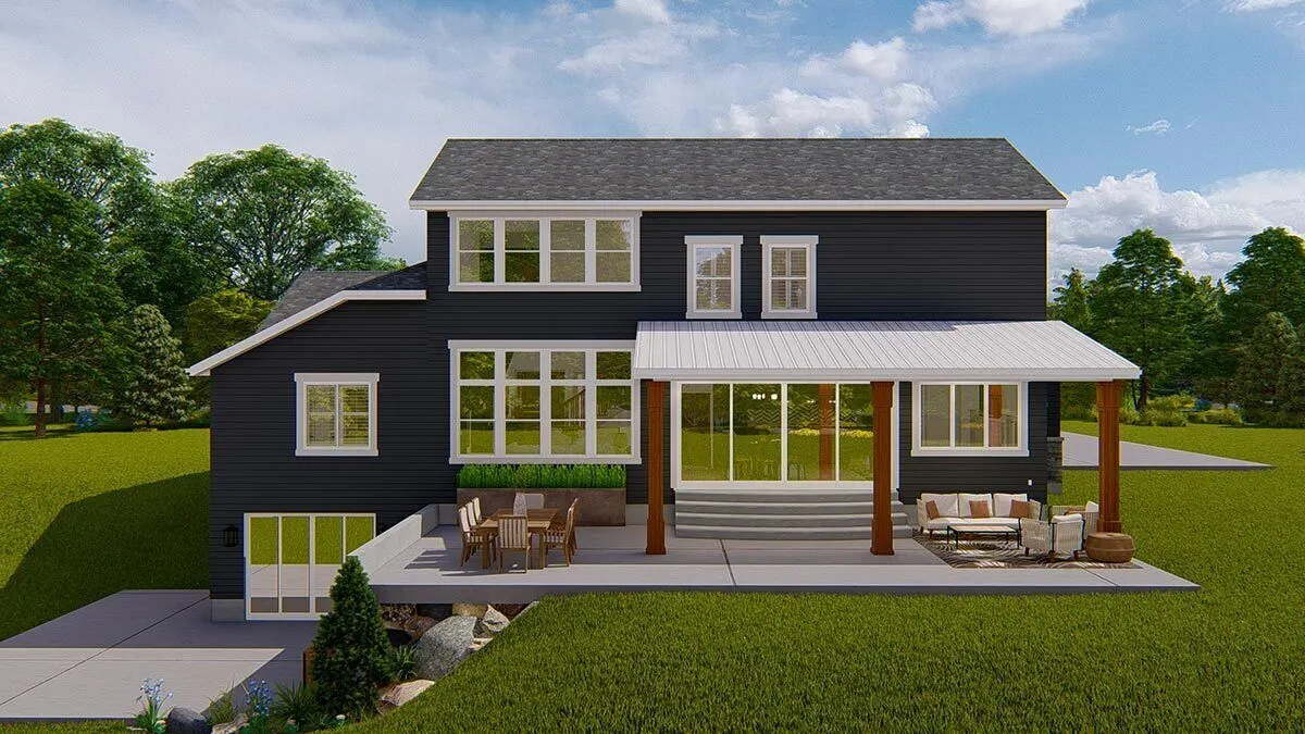 The rear porch's design which includes lounge chairs appears welcoming.