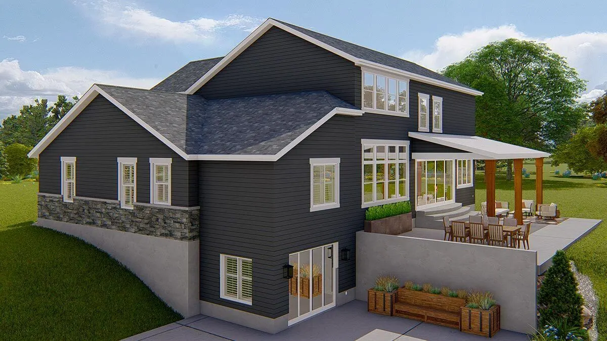 A sloped yard and an open area at the back.