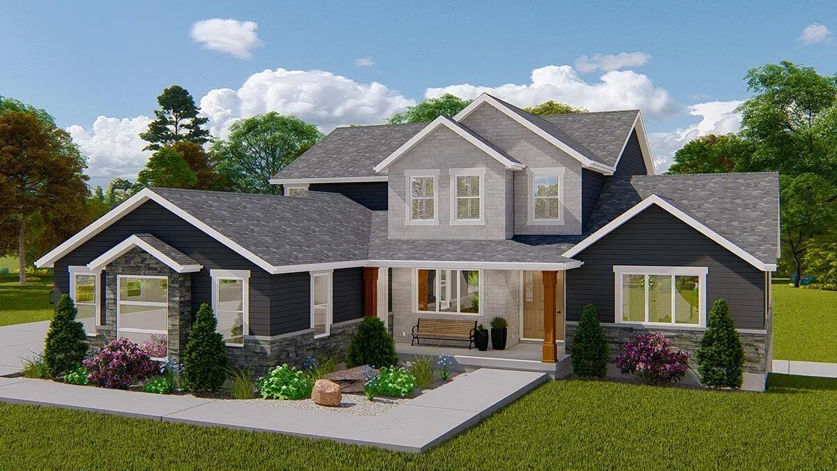 Inviting bench on the front covered porch and a walkway leading to the garage area.