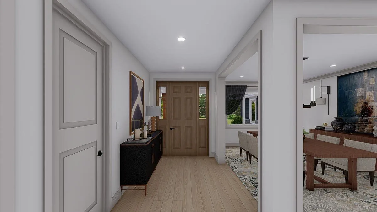 Home's foyer with a stylish side table in a black color scheme.