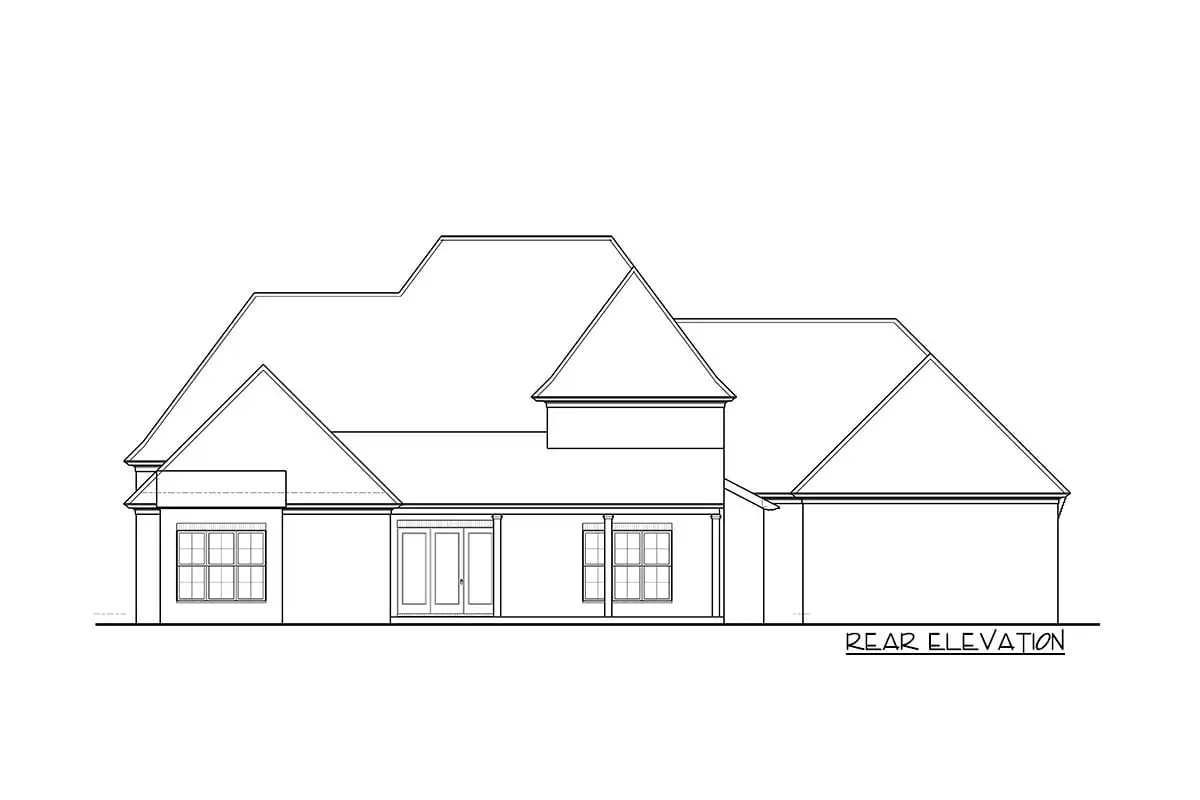 Sketch of the 2-story 5-bedroom gracious European house's rear elevation.