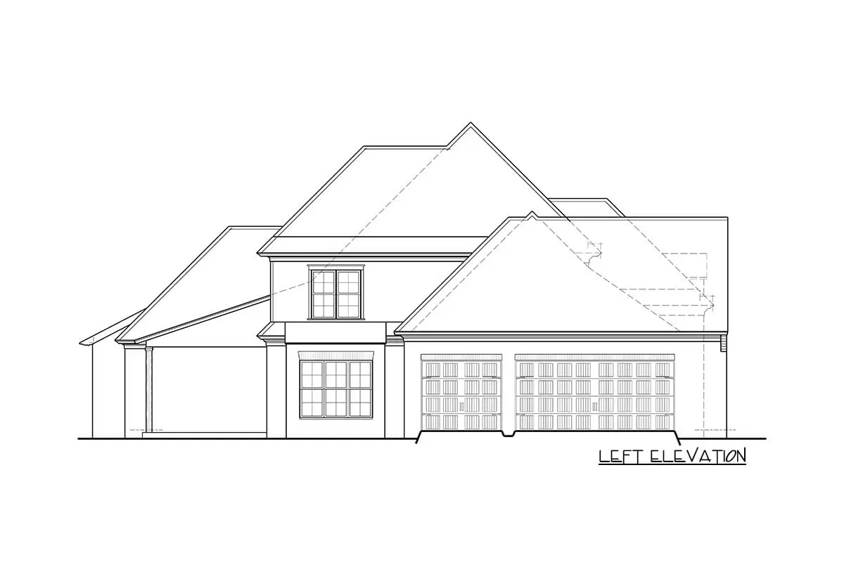 Sketch of the 2-story 5-bedroom gracious European house's left elevation.