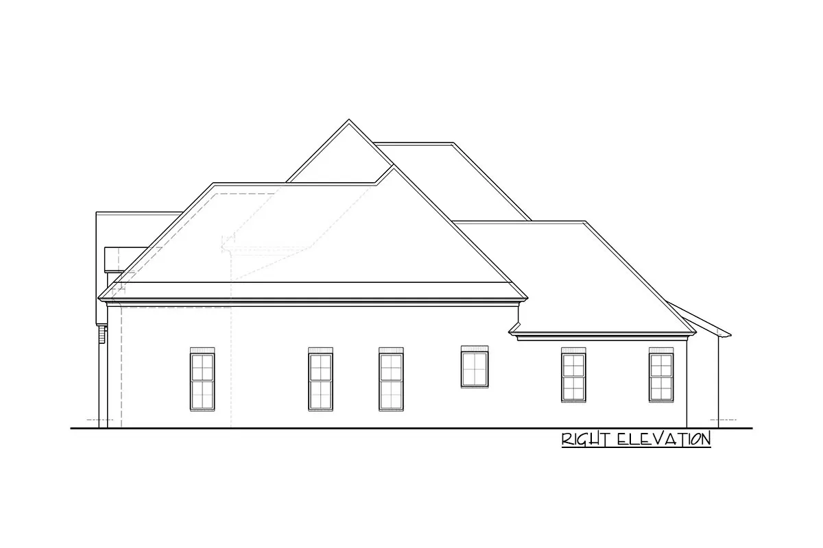Sketch of the 2-story 5-bedroom gracious European house's right elevation.