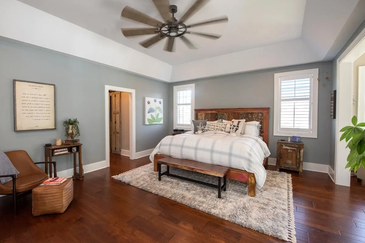 The master bedroom has a coffered ceiling, which adds a beautiful touch.