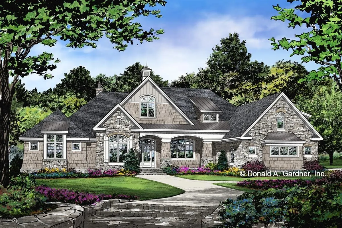 Front elevation sketch of the single-story 4-bedroom hillside-walkout craftsman home.