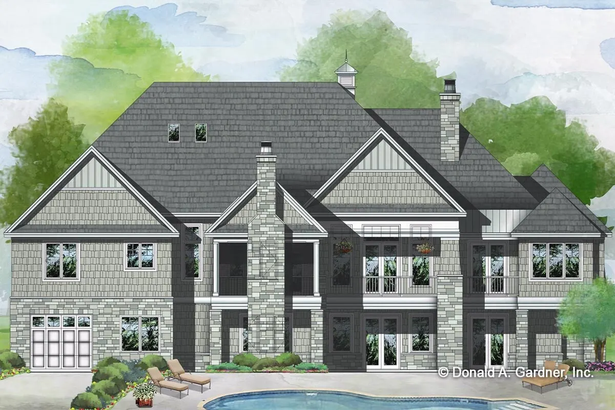 Back elevation sketch of the single-story 4-bedroom hillside-walkout craftsman home.