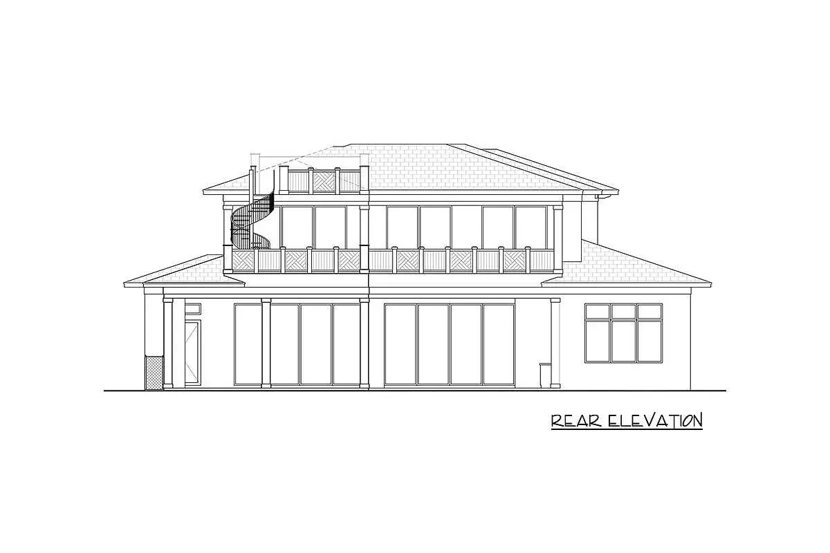 The impressive 2-story 4-bedroom seaside house's rear elevation.