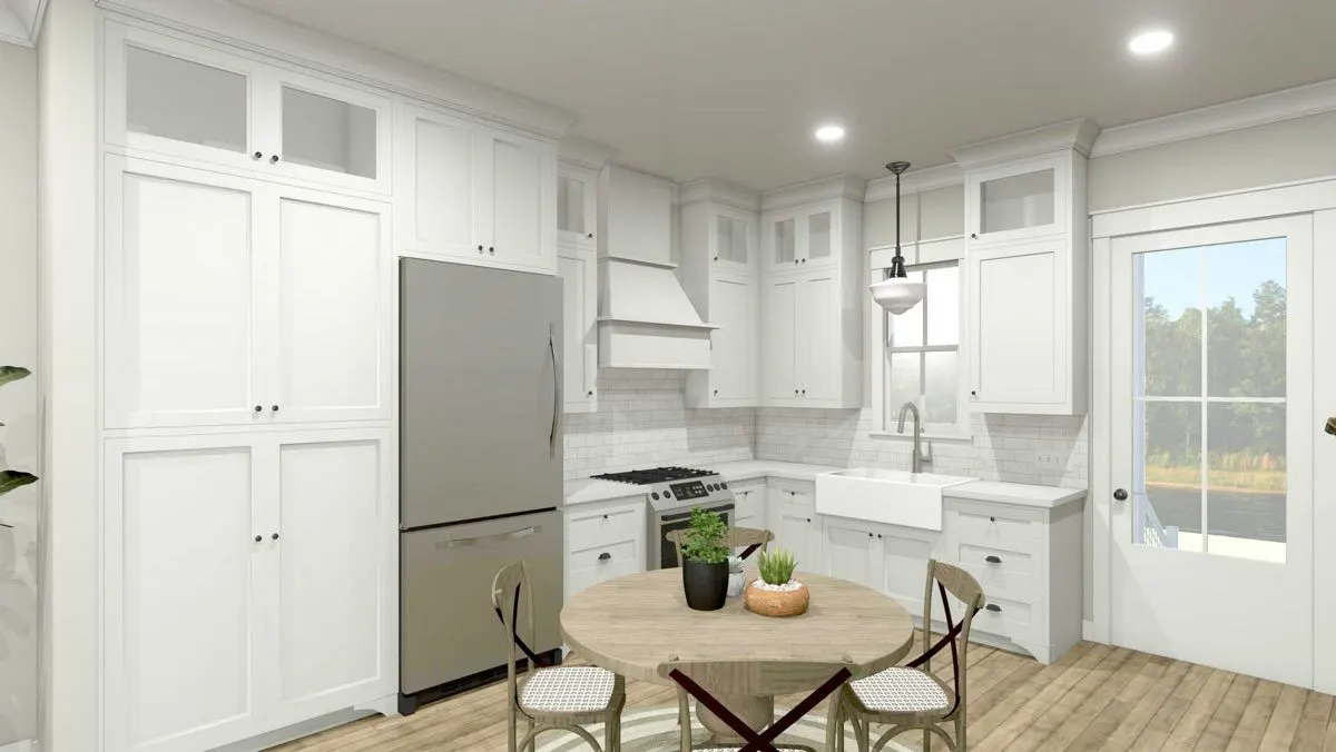 A white-painted access door leads to the front porch area.