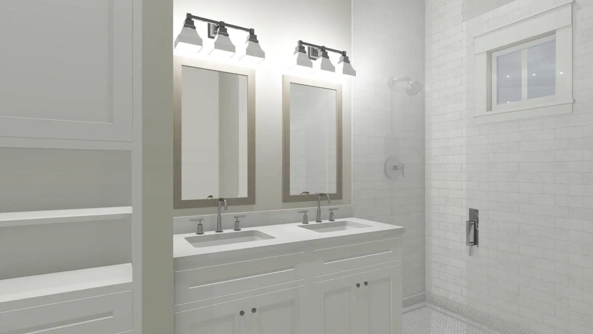 White walls and counters are complemented by vanities with two mirrors in accent frames made of wood.