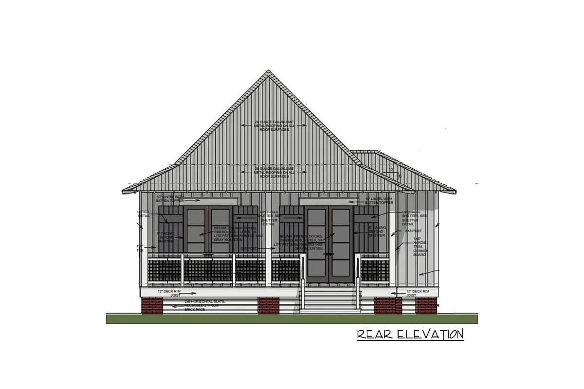 Rear elevation sketch of the single-story 2-bedroom lovely beach cottage house.
