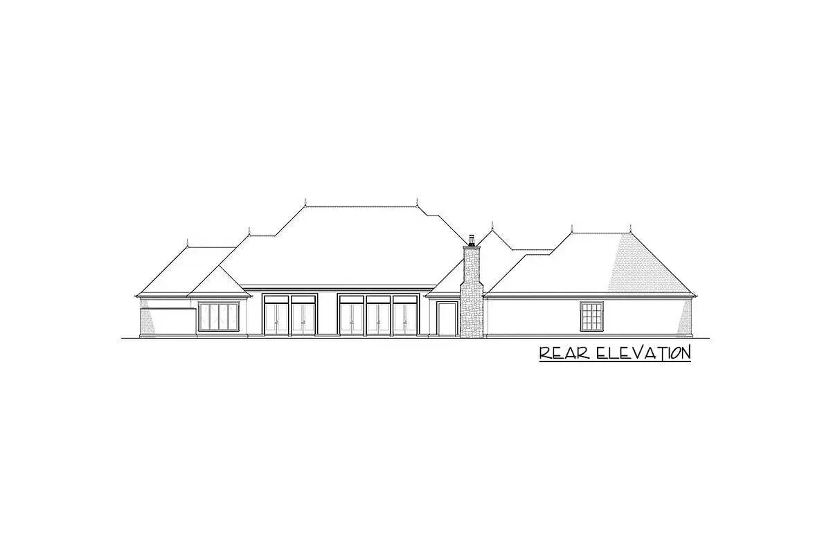 Rear elevation sketch of the single-story 5-bedroom luxurious French-country house.