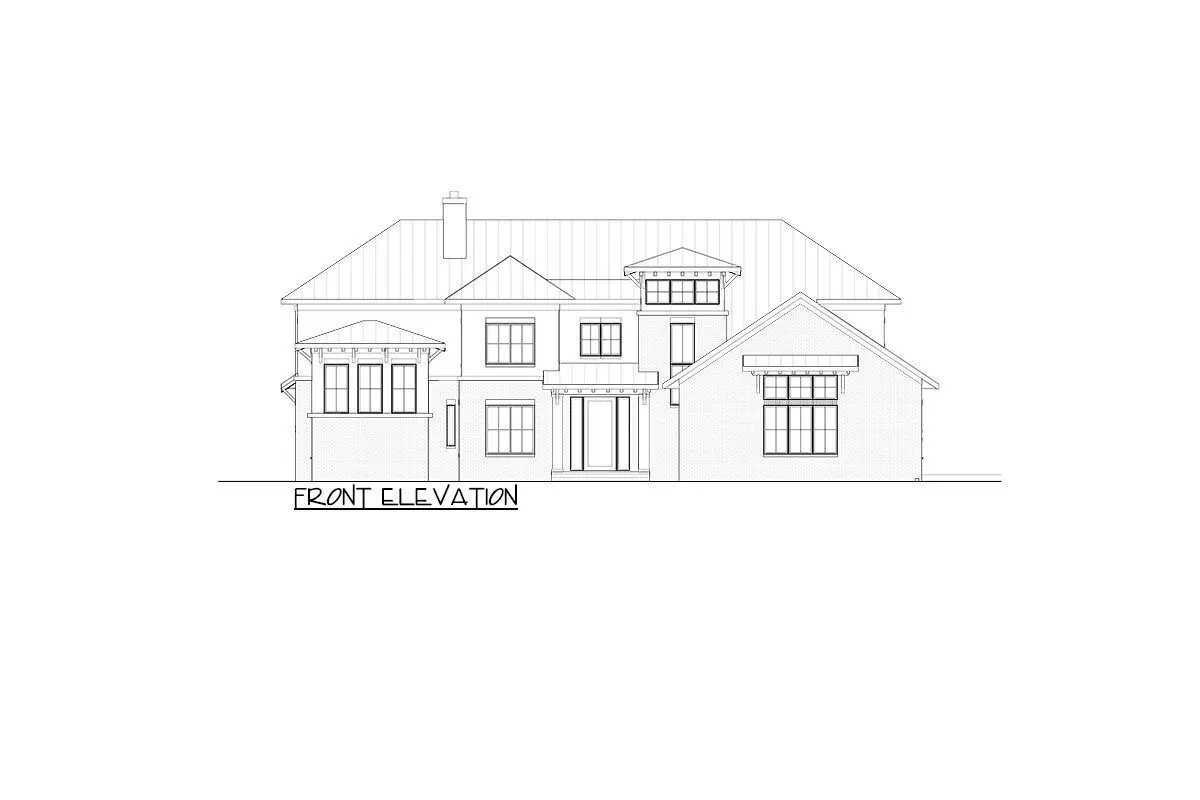 The 3-story 4-bedroom luxury modern house's front elevation drawing.