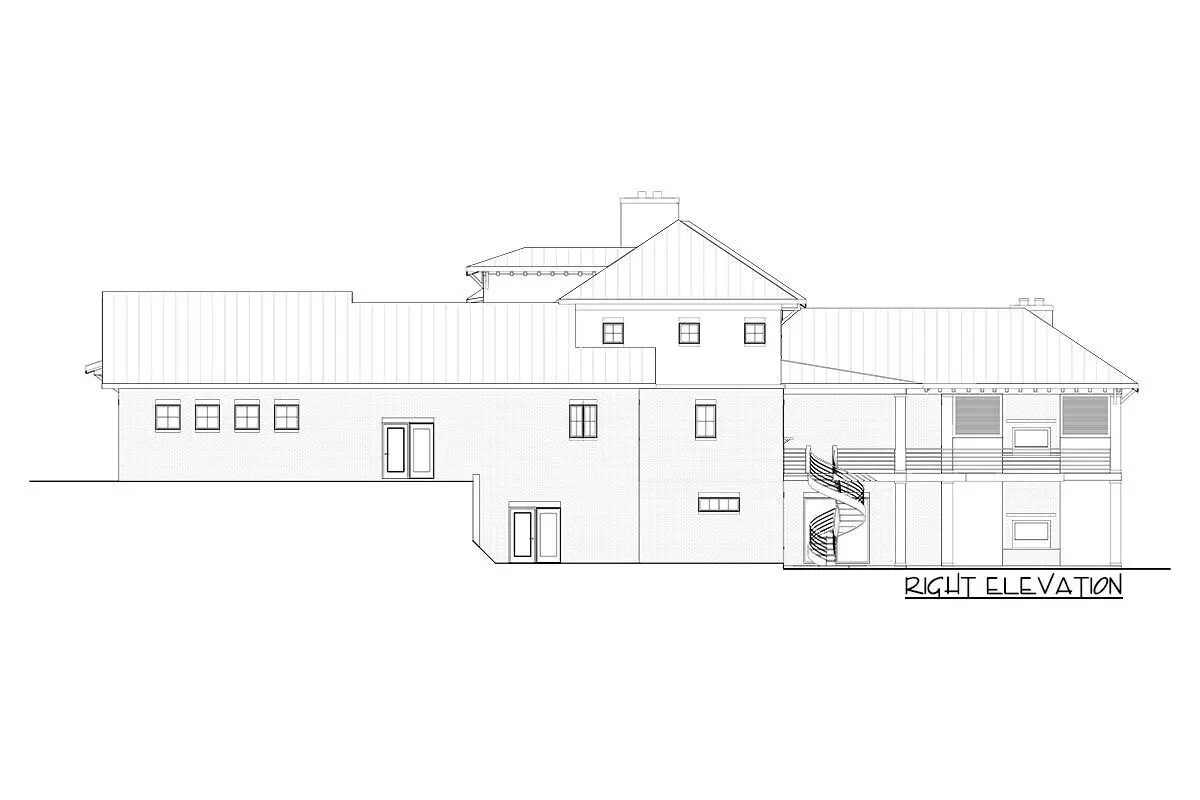 The 3-story 4-bedroom luxury modern house's right elevation drawing.