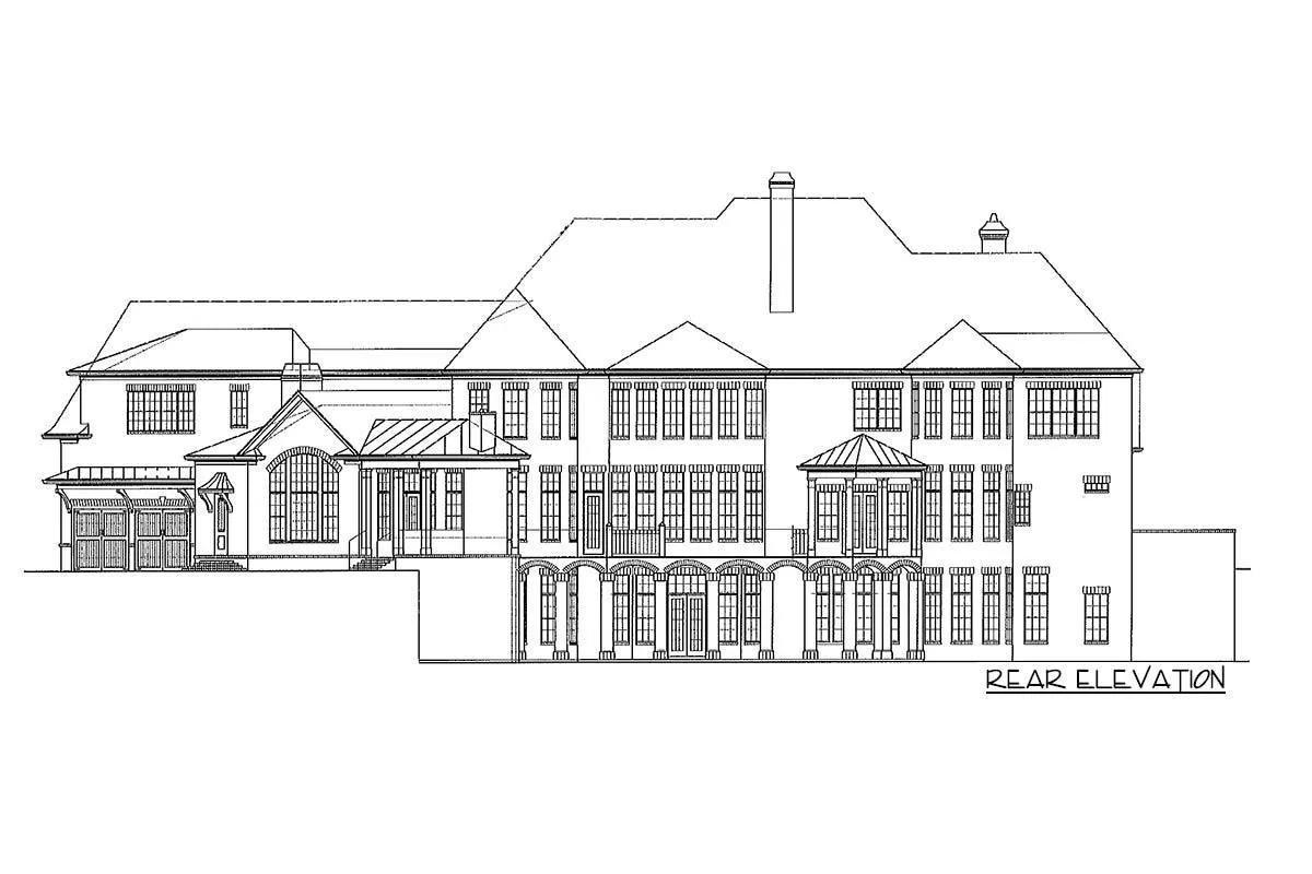 Sketch of the two-story, five-bedroom European luxury estate's rear elevation.