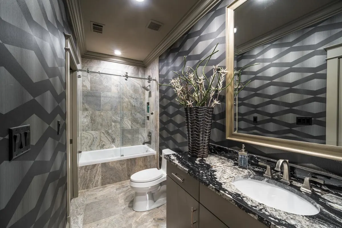 Bathroom with toilet and bathtub in an exquisite black décor.