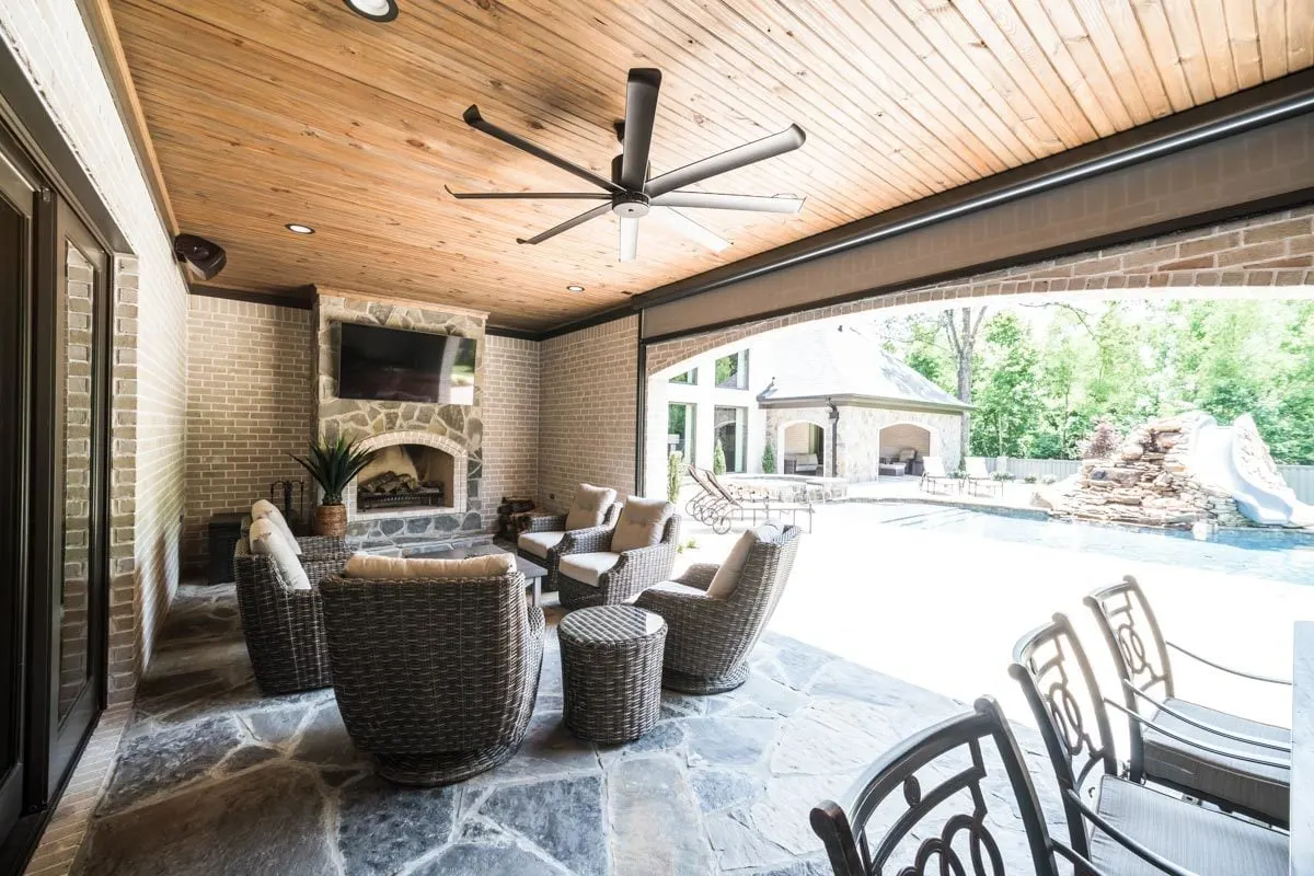The space has a beautiful view of the pool area.