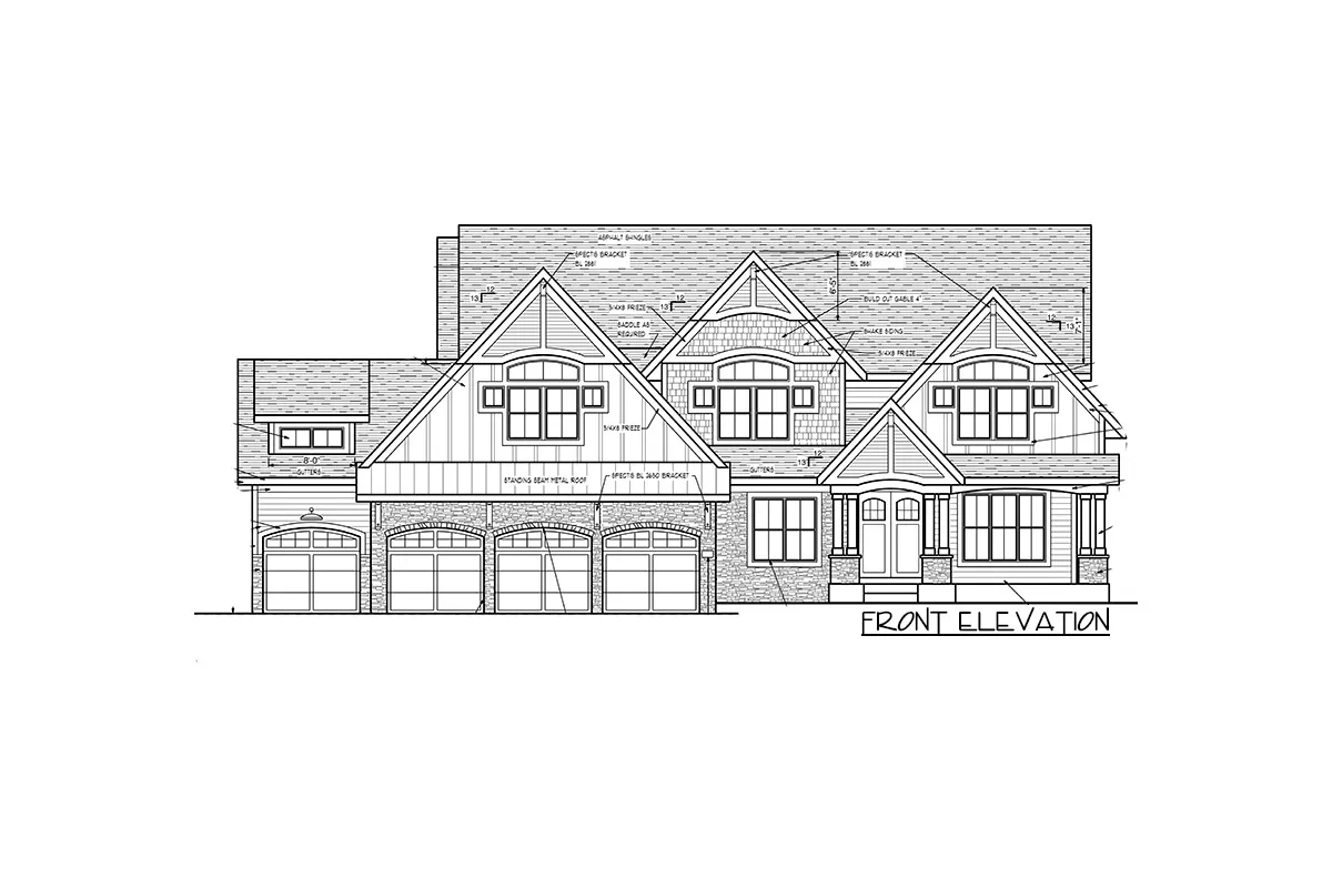 Sketch of the front elevation of the 2-story 5-bedroom luxury new American home.
