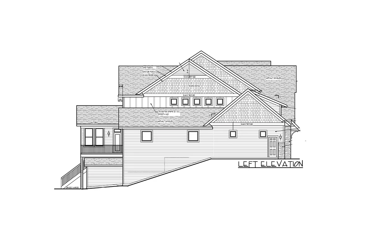 Sketch of the left elevation of the 2-story 5-bedroom luxury new American home.
