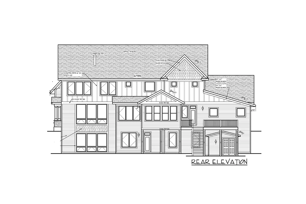 Sketch of the rear elevation of the 2-story 5-bedroom luxury new American home.
