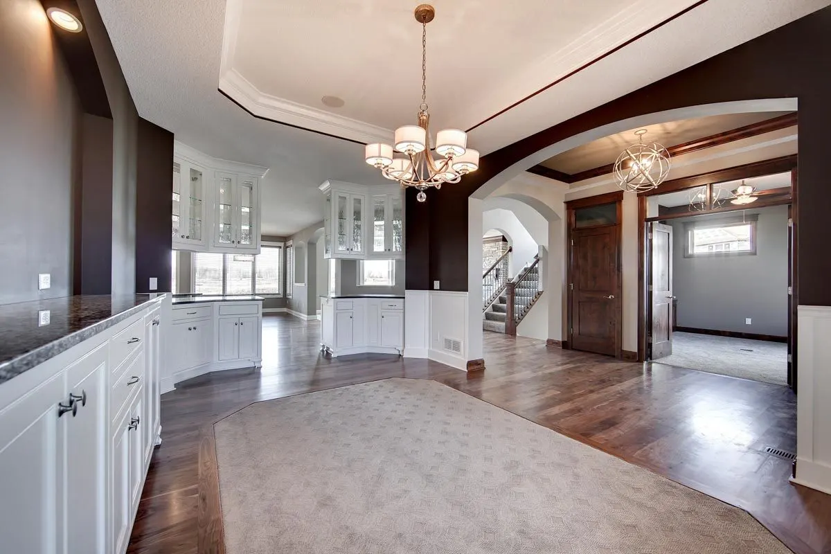 Chandeliers in each room provide liveliness to the space.