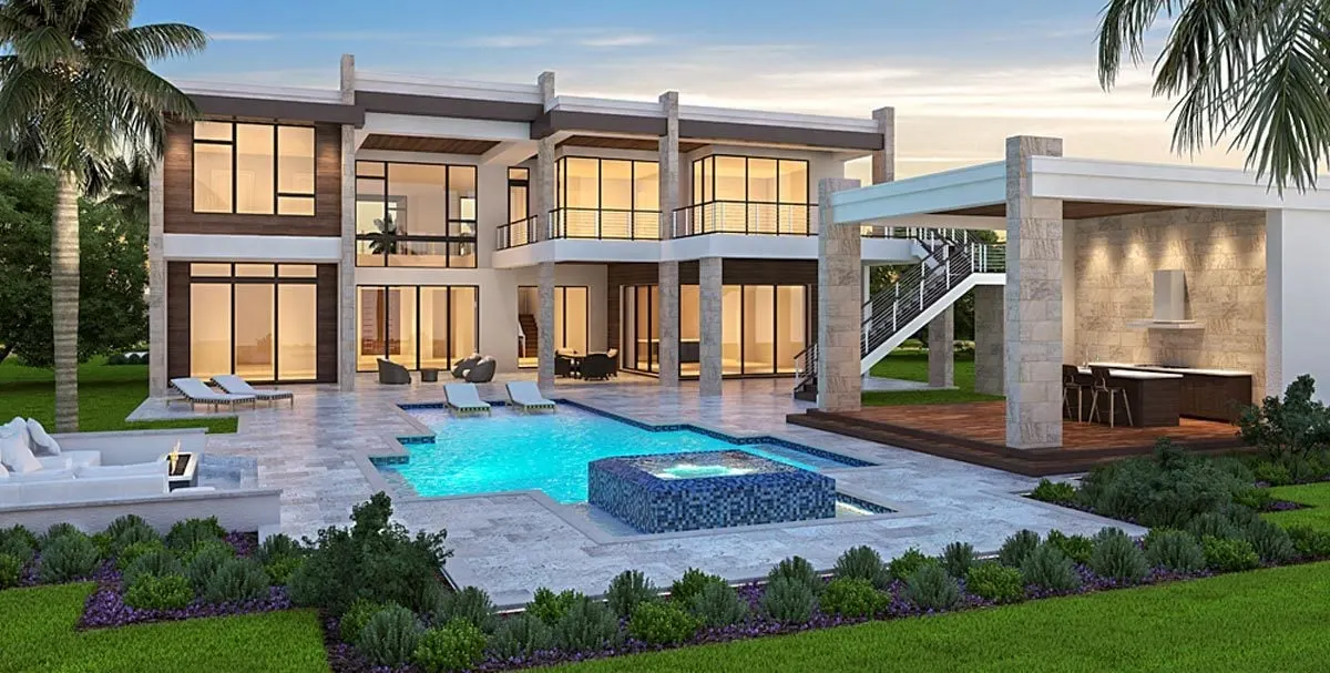 The beautiful pool area is located towards the back of the property.
