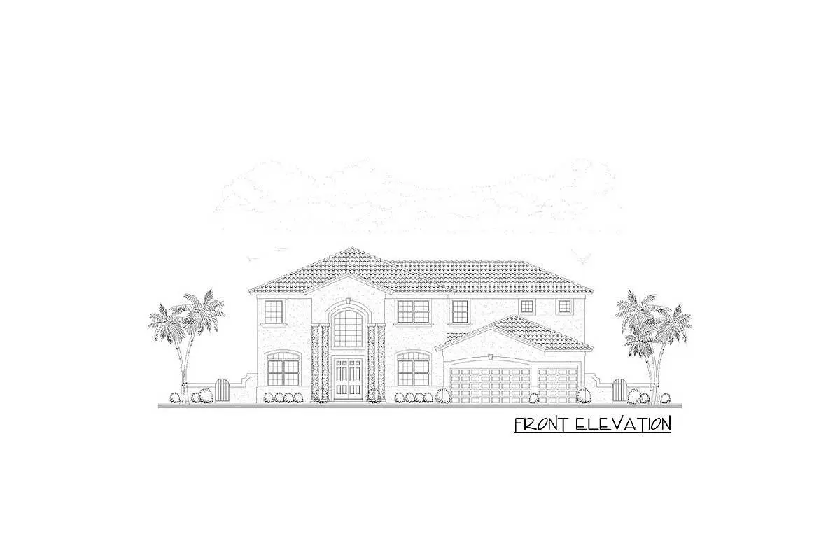 The front elevation of the 2-story 5-bedroom Mediterranean home is sketched.