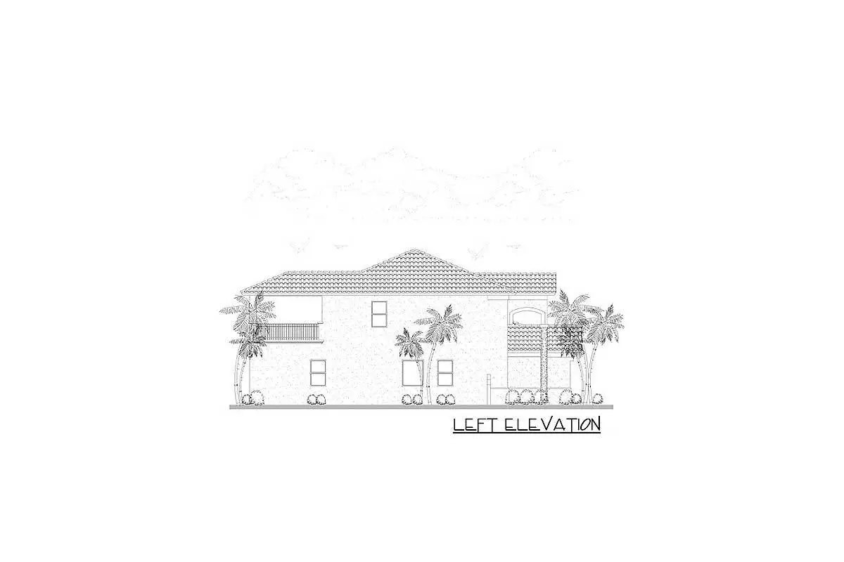 The left elevation of the 2-story 5-bedroom Mediterranean home is sketched.