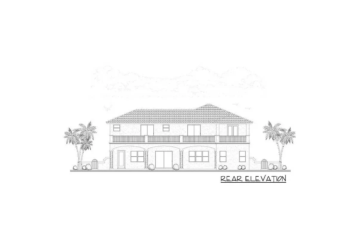 The rear elevation of the 2-story 5-bedroom Mediterranean home is sketched.
