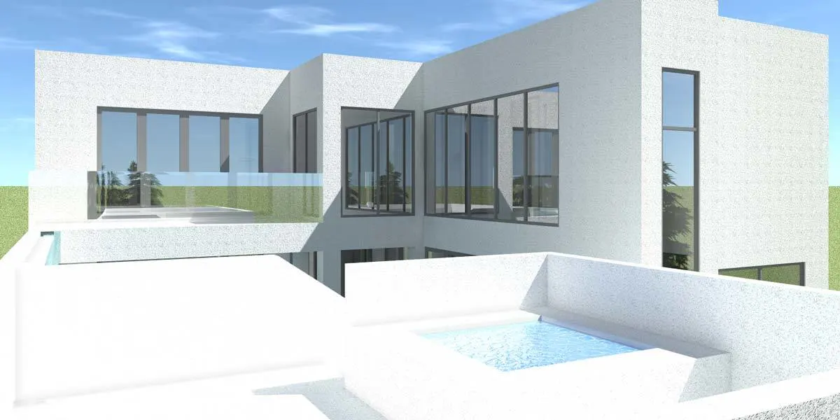 Pool area with a sleek modern style in white and gray tones.