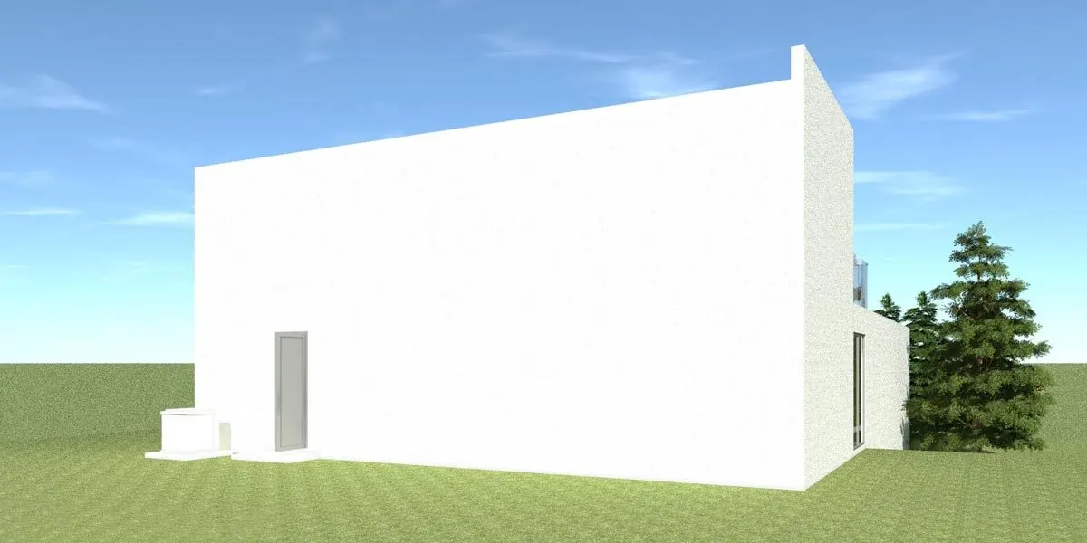 The back of the home with a door and the HVAC system.