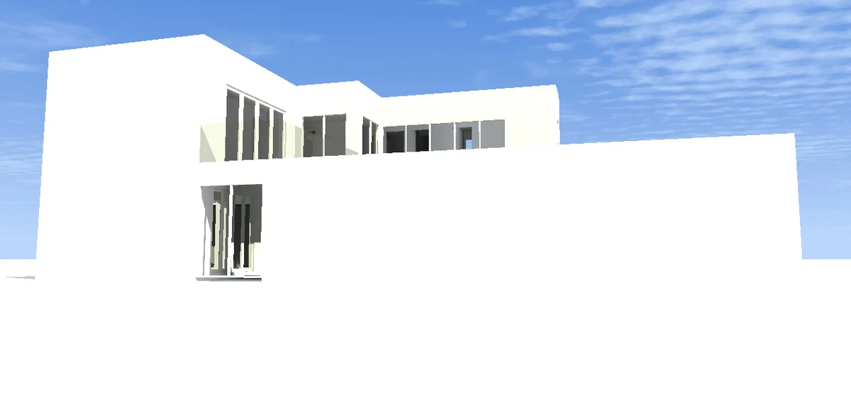 The left side of the home has a plain white wall with a view of the patio below.