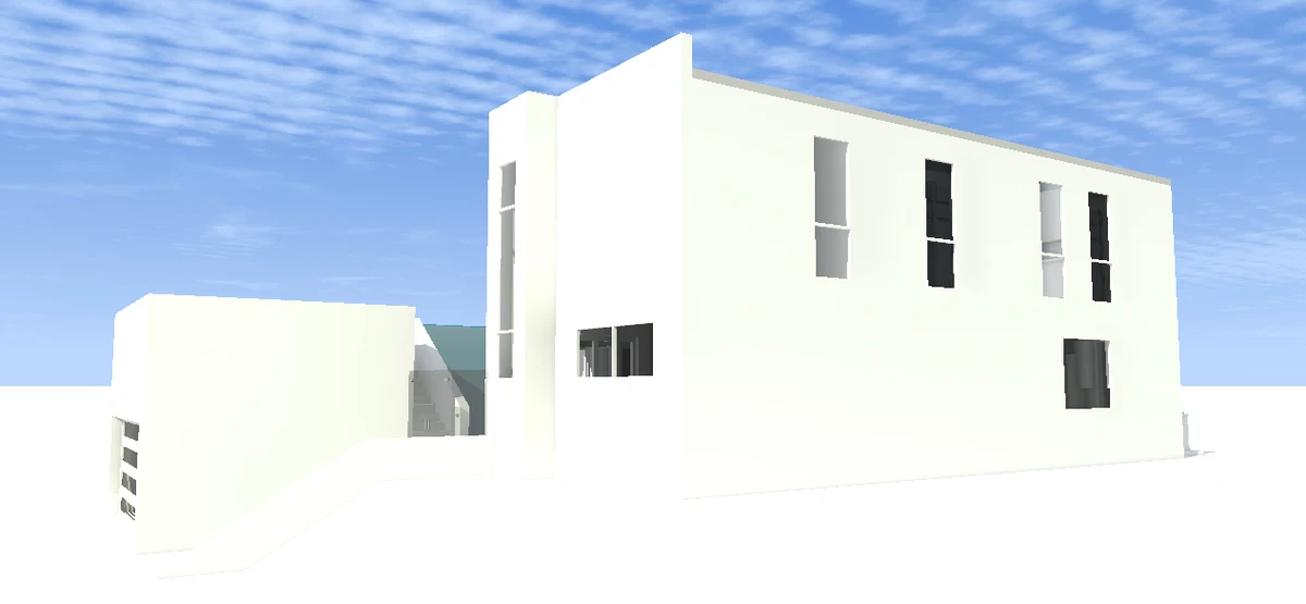 The house's right side features vertical windows with glass frames.
