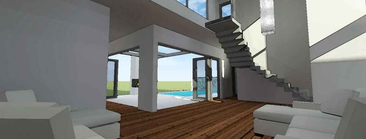 A spacious living area with a visible two-story ceiling.