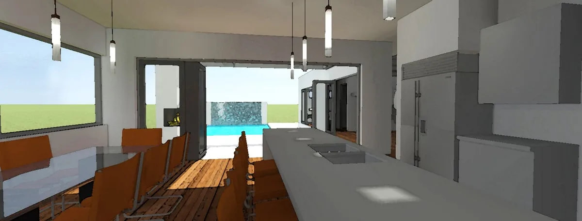 A modern kitchen with a view of the pool area.
