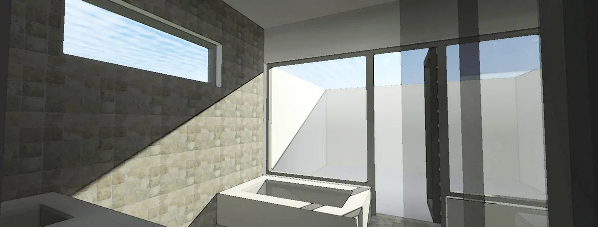 The bathroom has a clean, simple style with a neutral tile wall.
