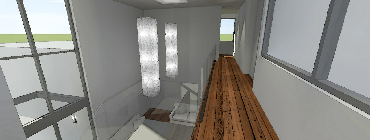 The hallway has a wood accent floor and a glass fence.