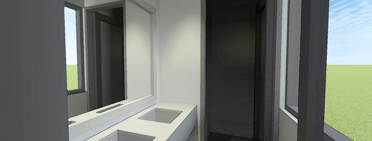 A basic vanity room with a huge window that provides a glimpse of the outside.