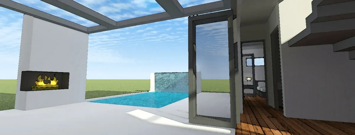 A glass canopy and door cover the patio space.