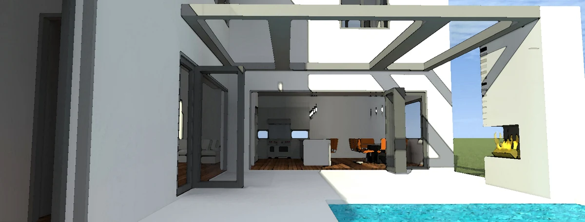 The eating area may be seen from the pool area.