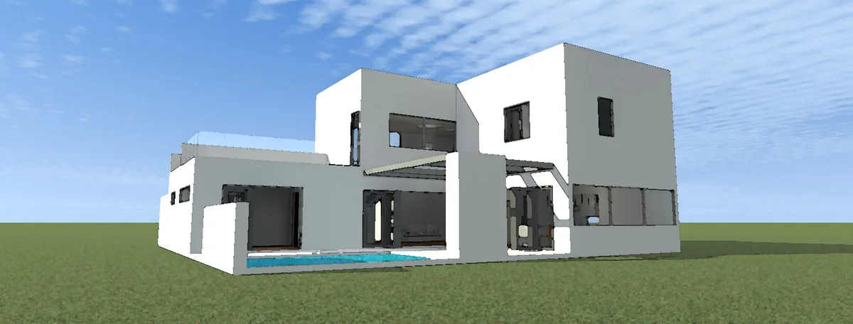 Back view of the home from a distance, showing its contemporary design flat roof.
