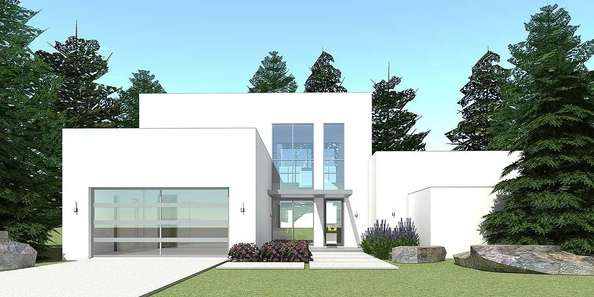 Stylish window layout in the house's main entrance with rock landscape.