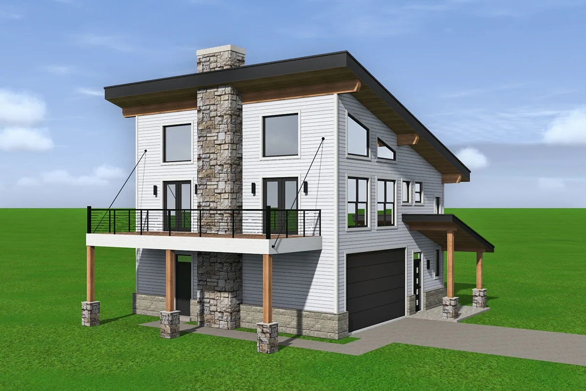 Windows with glass frames and a balcony with black metal railings are features of modernist design.