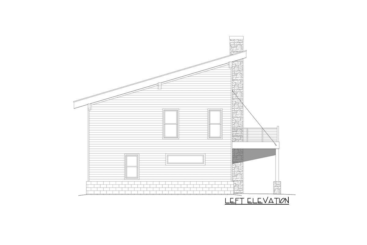 A two-story, two-bedroom contemporary alpine residence is seen in the left elevation.