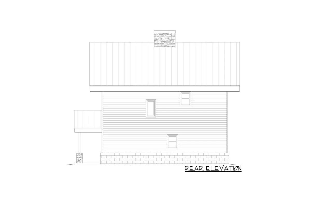 A two-story, two-bedroom contemporary alpine residence is seen in the rear elevation.